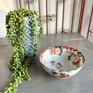 Vintage Hand Painted Floral Porcelain Bowl Scalloped Edge Red Black